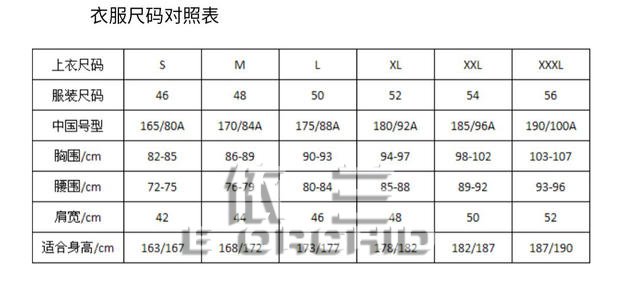 服装尺码对照表